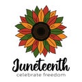 Juneteenth greeting card with sunflower in African colros - green, red, yellow. Square vector design greeting card Royalty Free Stock Photo