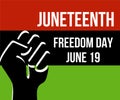 Juneteenth Independence Day. hand fist-raising high. June 19, 1865.