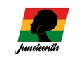 Juneteenth quote with silhouette afro woman and colorful flag isolated on white background. Vector flat illustration