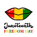 Juneteenth sign. Black girl lipstick kiss. African American holiday on June 19. Vector template for typography poster