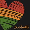 Juneteenth square banner, social media post template with bllack heart with textured stripes in traditional African