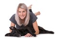 Young woman with dog on white background Royalty Free Stock Photo