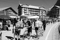 Masses of peoples at the Jungfrau-Marathon sport event at the train station Kleine Scheidegg in front of the MÃÂ¶nch and Jungfrau