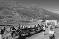 Masses of people at the Jungfrau Marathon sport event at Kleine Scheidegg in front of the MÃÂ¶nch and Jungfrau in the swiss alps Royalty Free Stock Photo