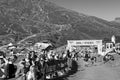 Thousands of people at the Jungfrau-Marathon sport event at Kleine Scheidegg under neath MÃÂ¶nch and Jungfrau mountains