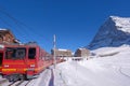 Jungfrau railway train station at Kleine Scheidegg to Jungfraujoch, north face of mount Eiger in background, Switzerland Royalty Free Stock Photo