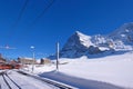 Jungfrau railway train station at Kleine Scheidegg to Jungfraujoch, north face of mount Eiger in background, Switzerland Royalty Free Stock Photo