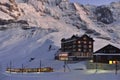 Jungfraubahn ariving in Kleine Scheidegg station. Swiss Alps