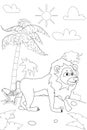 Jungle, Africa safari animal Lion coloring book edicational illustration for children. Vector white black cartoon