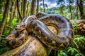Jungle Anaconda coiled on branch, lush forest backdrop Royalty Free Stock Photo