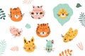 Jungle animal face set. Jungle animal head. Funny tiger, lion, leopard, jaguar head. Cartoon animals portraits. Royalty Free Stock Photo