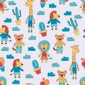 Animals and clouds seamless pattern