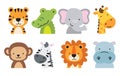 Cute Wild Safari Jungle Animal Faces and Heads Vector Illustration.