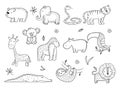 Jungle animals. African safari wildlife monkey hippopotamus tiger lines vector drawing pictures