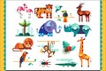 Jungle animals, birds and plants set, summer tropical elements, flamingo, tiger, gazelle, elephant, rhinoceros, monkey Royalty Free Stock Photo