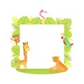 Jungle Animals with Blank Banner, Flamingo, Monkey, Parrot, Tiger, Giraffe, Standing Next to the Blank Signboard Vector