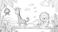 Cute Cartoon Jungle Animals Outline Coloring Page Monkey, Giraffe, Lion Royalty Free Stock Photo