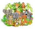 Jungle animals like elephant, zebra, giraffe, lion, tiger in the tropical forest