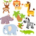 Jungle animals. Lion, elephant, giraffe, monkey, parrot, crocodile, zebra and rhinoceros Royalty Free Stock Photo