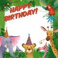 Jungle animals party card. Happy birthday baby shower greeting tropical zoo celebrate kids invitation template Royalty Free Stock Photo