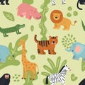 Jungle animals seamless pattern. Lion, crocodile and zebra, elephant and monkey, hippo and giraffe with summer tropical