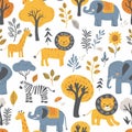 Jungle animals among trees and plants pattern