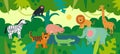 Jungle with animals. Zebra, monkey and hippo, tiger and crocodile, elephant and lion, giraffe with tropical plants