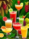 Jungle background cocktails fruits leaves textured 3D. Royalty Free Stock Photo