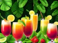 Jungle background cocktails fruits leaves textured 3D. Royalty Free Stock Photo