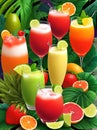 Jungle background cocktails fruits leaves textured 3D. Royalty Free Stock Photo