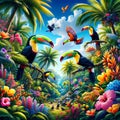 Jungle Bliss: Colorful Birds Amidst a Flowering Oasis