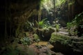 jungle cave, with cascading waterfall and hidden treasure