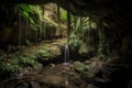 jungle cave, with cascading waterfall and hidden treasure