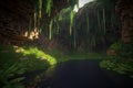 jungle cave, with cascading waterfall and hidden treasure