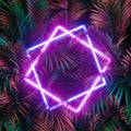 Jungle creative neon light, cyber frame on fresh palm leaves with copy space. Urban, futuristic background concept. Flat lay