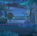 Jungle creepers. Dense thickets. View from Dark night forest. Southern Rural Scenery. Tropical forest panorama