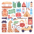 Jungle expedition set. Touristic and hiking items. Jungle animals