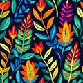 Jungle folk art style repeating pattern of glossy leaves in bold colors Royalty Free Stock Photo