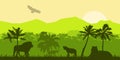 Jungle forest vector silhouette, green tropical nature background, amazon rainforest panoramic landscape. Wild fauna