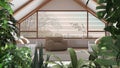 Jungle frame, biophilic idea. Tropical leaves over minimal white attic living room with panoramic window. Urban jungle interior