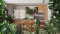 Jungle frame, biophilic idea. Tropical leaves over minimalist white kitchen and dining room with many houseplants. Urban jungle