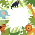 Jungle frame. Tropical leaves border with cartoon safari animals elephant, tiger and lion, crocodile and giraffe, monkey