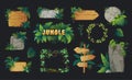 Jungle game. Stone or wooden blank boards. Exotic forest elements. Wood frame with palm leaves and lianas. Rainforest