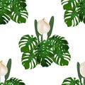 Jungle. Green tropical leaf and monster flowers. Seamless floral pattern. on white background. illustration