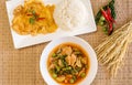 Jungle hot and spicy curry with pork and omelet,cooked rice,Thai food style Royalty Free Stock Photo