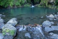 Jungle landscape with flowing turquoise water of Blue lagoon cascade waterfall at deep tropical rainforest. Royalty Free Stock Photo