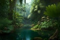 Jungle landscape with flowing turquoise water of Erawan cascade waterfall at deep tropical rain forest Royalty Free Stock Photo