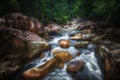 Jungle landscape with flowing turquoise water of georgian cascade waterfall at deep green forest. Mountain of georgia Royalty Free Stock Photo