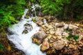 Jungle landscape with flowing turquoise water of georgian cascade waterfall at deep green forest. Mountain of georgia Royalty Free Stock Photo