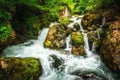 Jungle landscape with flowing turquoise water of georgian cascade waterfall at deep green forest. Mountain of georgia Royalty Free Stock Photo